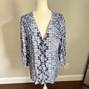 Como Vintage Blue Floral Paisley Boho Patterned V Neck Tunic Blouse Size XXL